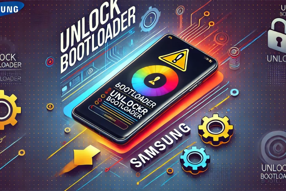 DALL·E 2024 11 19 12.36.03 A horizontal modern and visually appealing design illustrating the process of unlocking the bootloader on a Samsung smartphone. The image features a