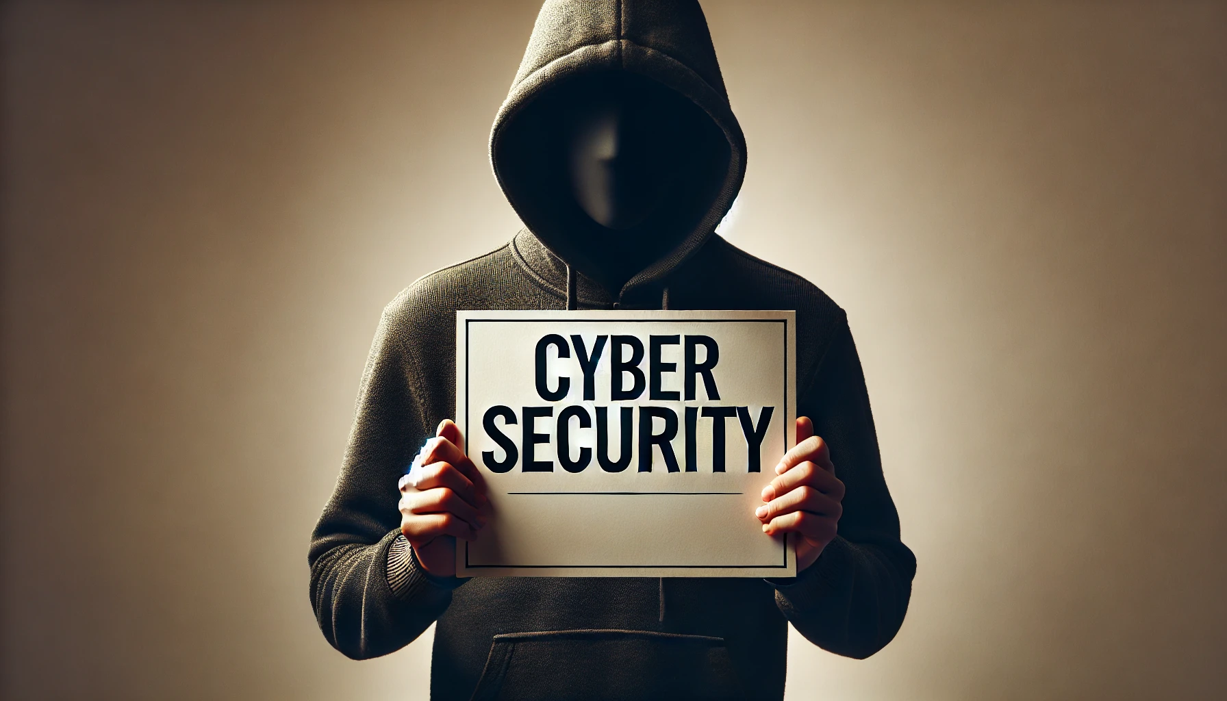 DALL·E 2024 11 25 19.33.49 A horizontal illustration of an anonymous person holding a sign that says Cybersecurity. The person is wearing a hooded sweatshirt to give an air of