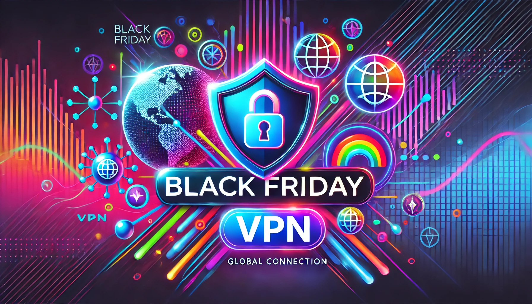 DALL·E 2024 11 25 20.14.30 A vibrant and colorful horizontal illustration featuring the text Black Friday VPN in bold modern font. The design includes glowing digital element